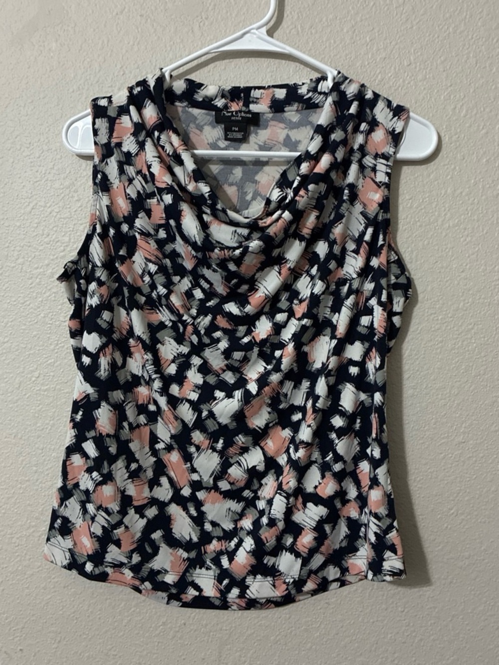 Nue options cowl Neck Women's tank Top in Navy with Pink & White Brushstroke